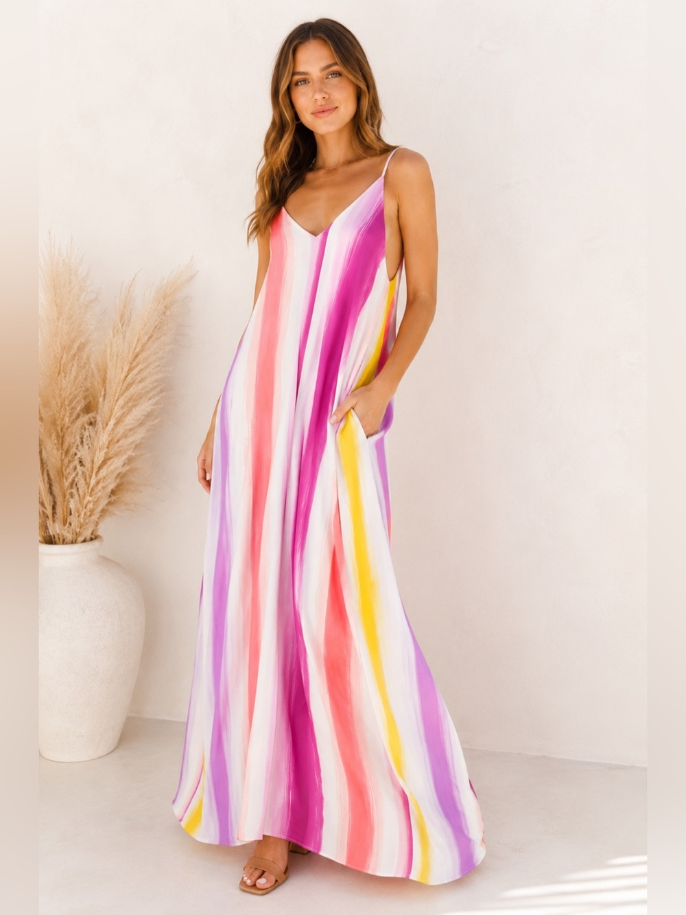 Love In Ombre Stripe Maxi Dress One Size Pink Purple Boho Resort Vacation Beach